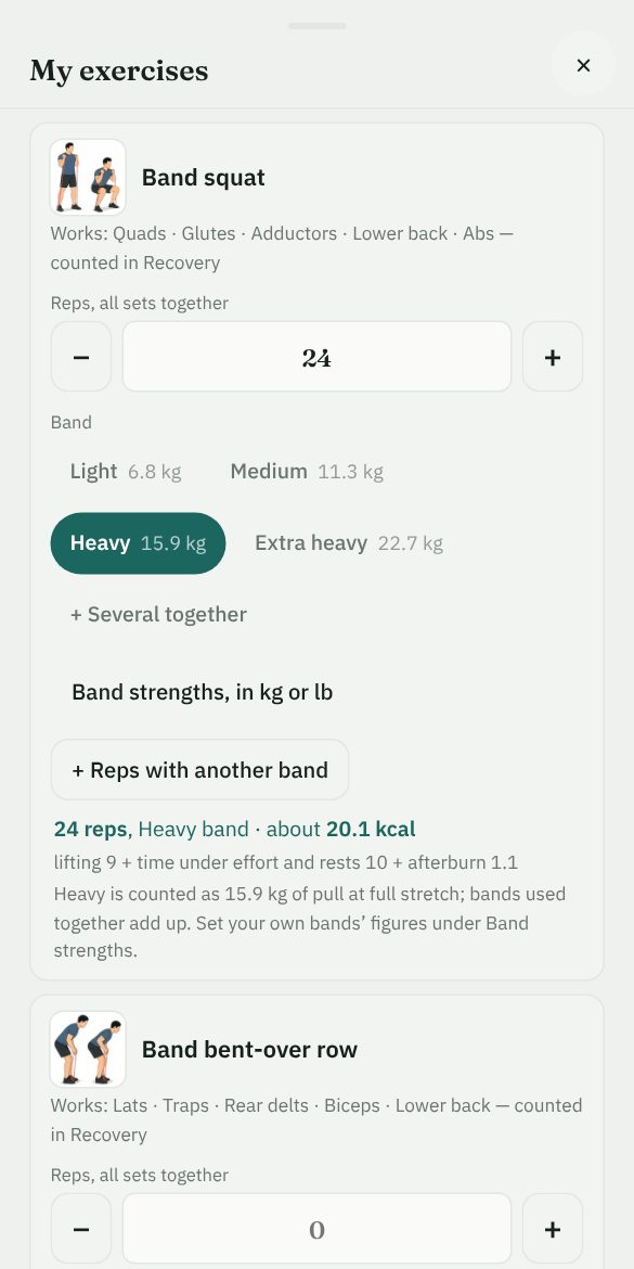 My exercises: a card for each exercise ticked, with its reps, a choice of band and the calories