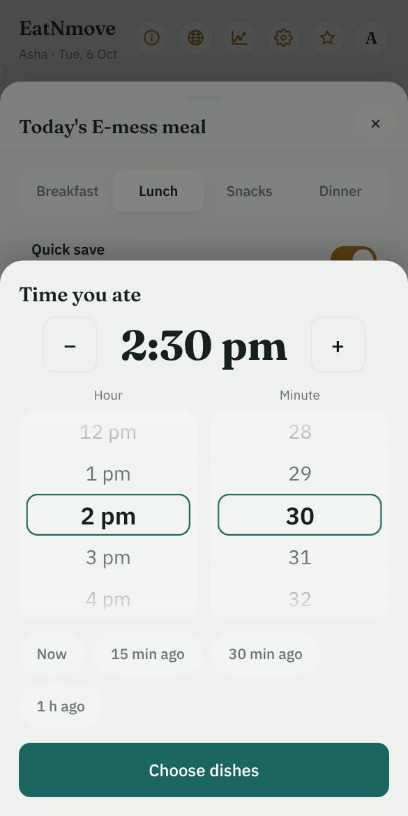 The meal sheet asking the time of lunch first, with a slider for the hour and the minute, and a button to choose the dishes