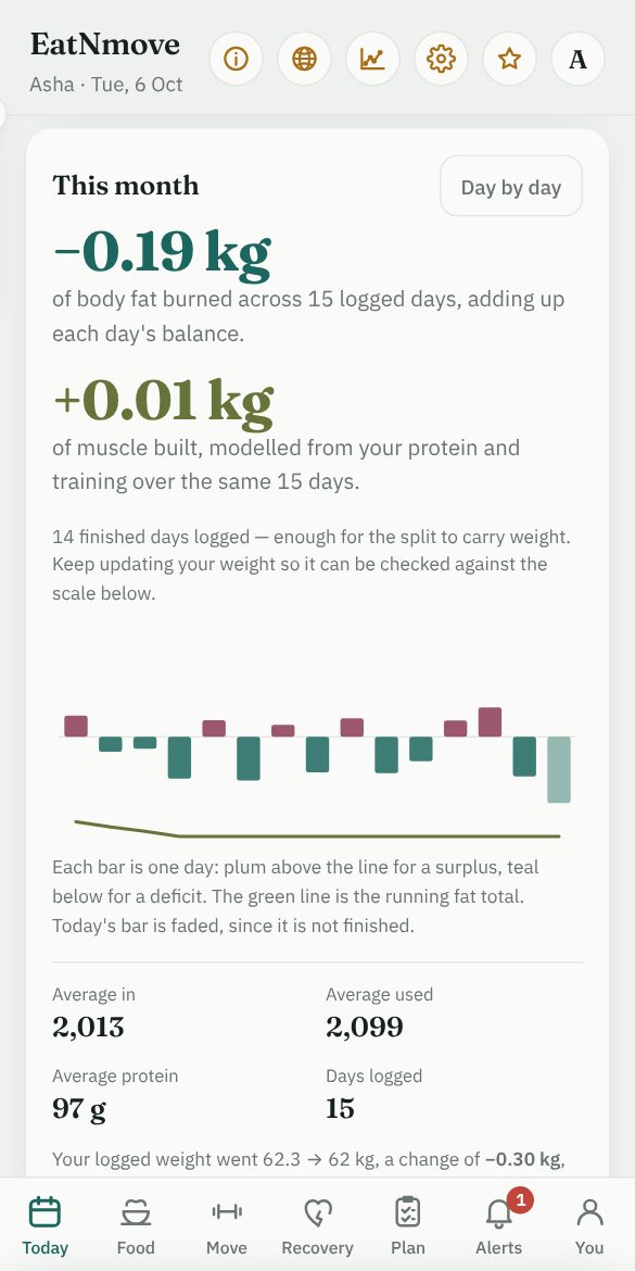 This month: body fat burned and muscle built, a bar for each day&rsquo;s balance, and the averages