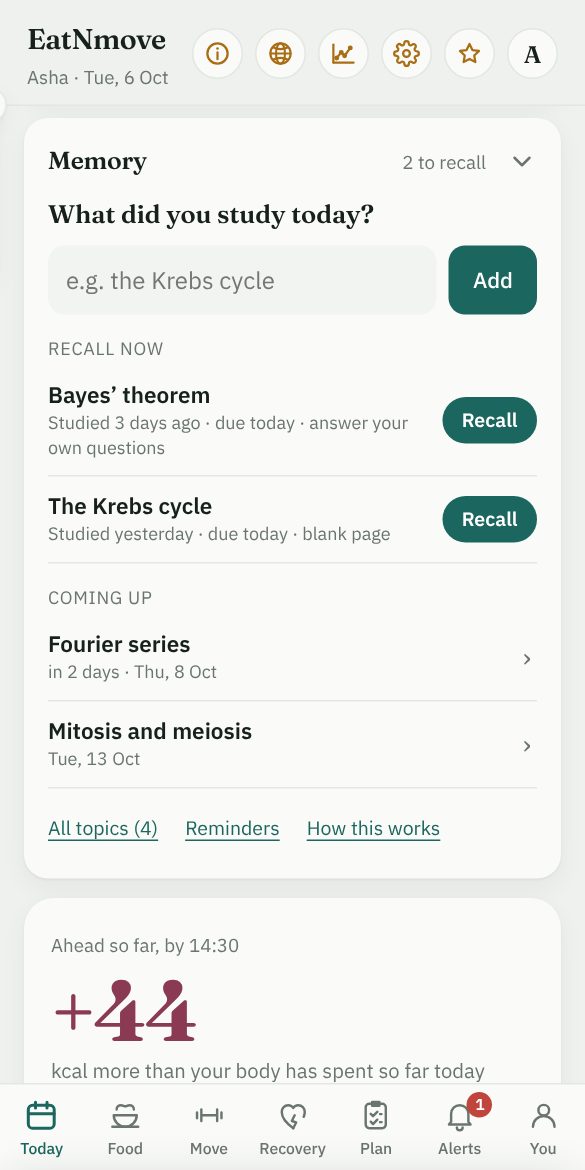 Memory on the Today tab: a box asking what you studied today, the topics to recall now and the ones coming up