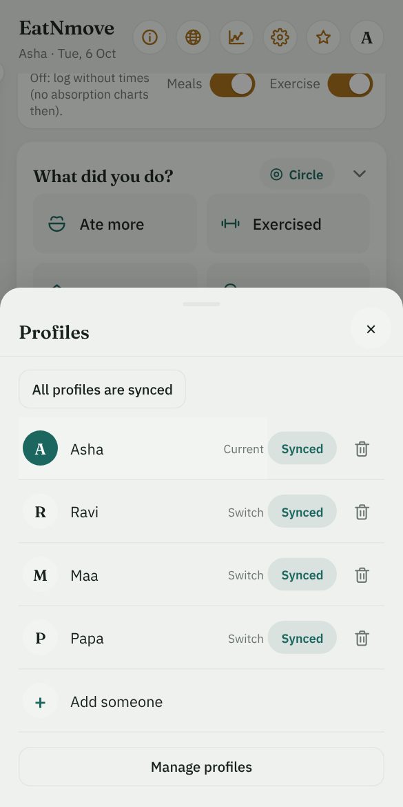 Profiles, each marked as synced