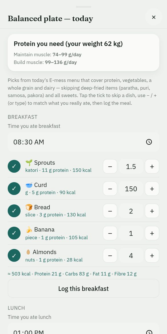 The app showing a balanced plate for each meal of the day, starting with breakfast