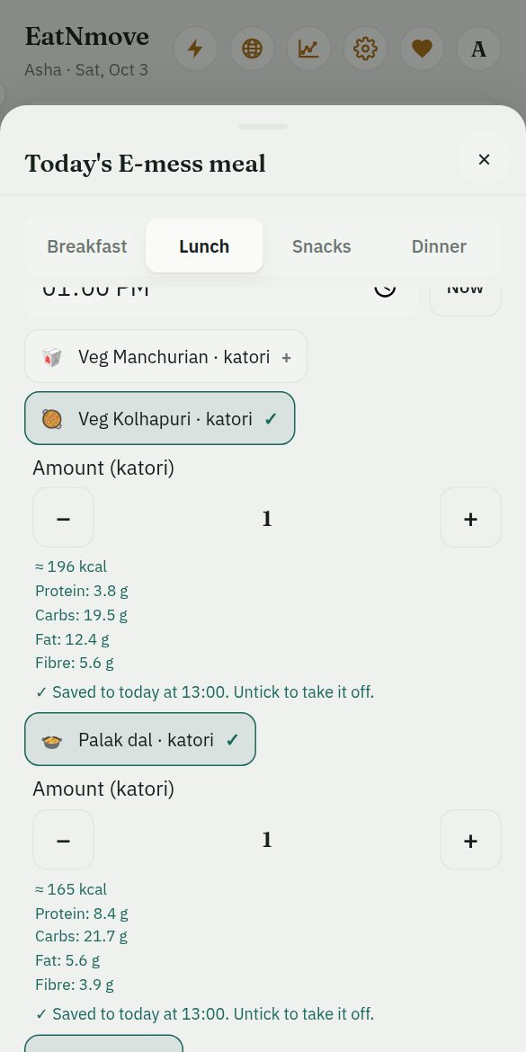 The app showing today&rsquo;s E-mess lunch, with two dishes ticked and their amounts
