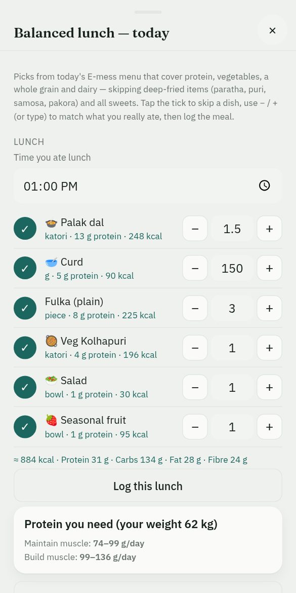 The app showing a balanced lunch picked from the same menu, with a button to log it